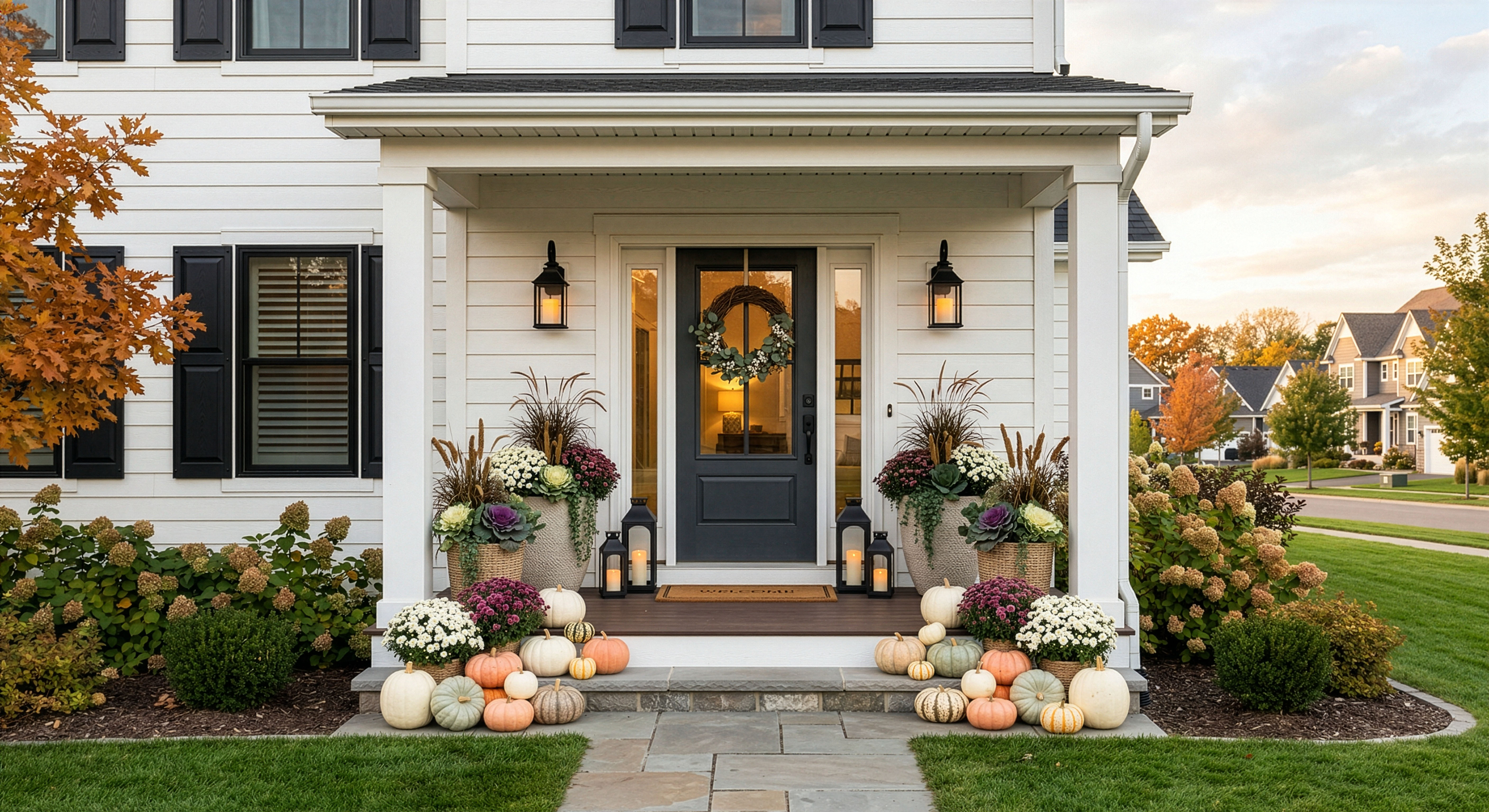 Twin Cities front porch with pumpkins, mums, and harvest styling